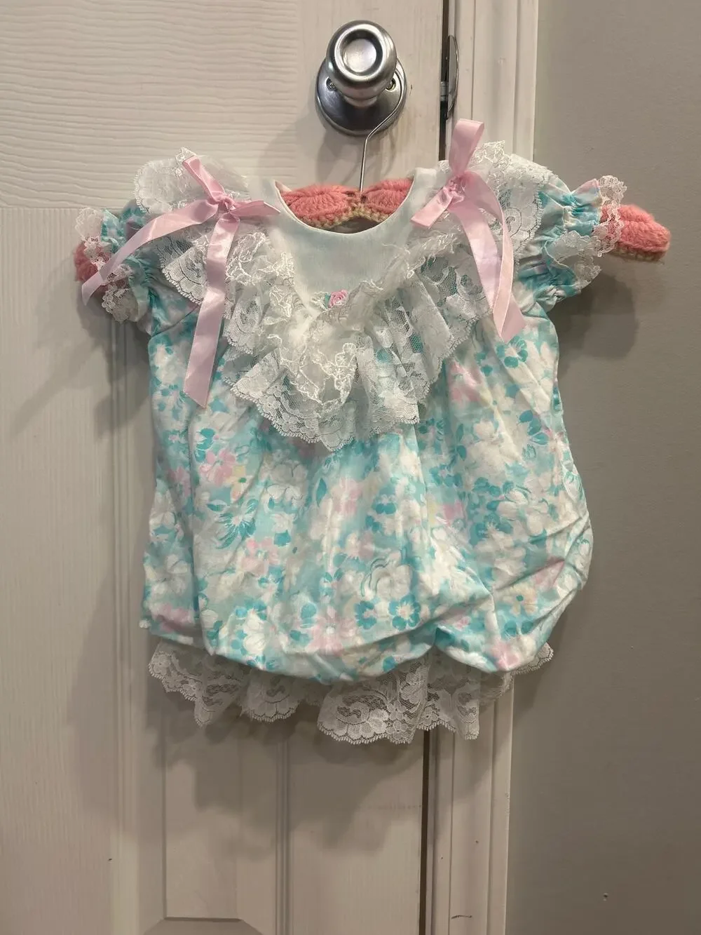 Vintage 80s Rare Editions Lace Dress 9M ILGWU Made in USA Pastel Ribbon